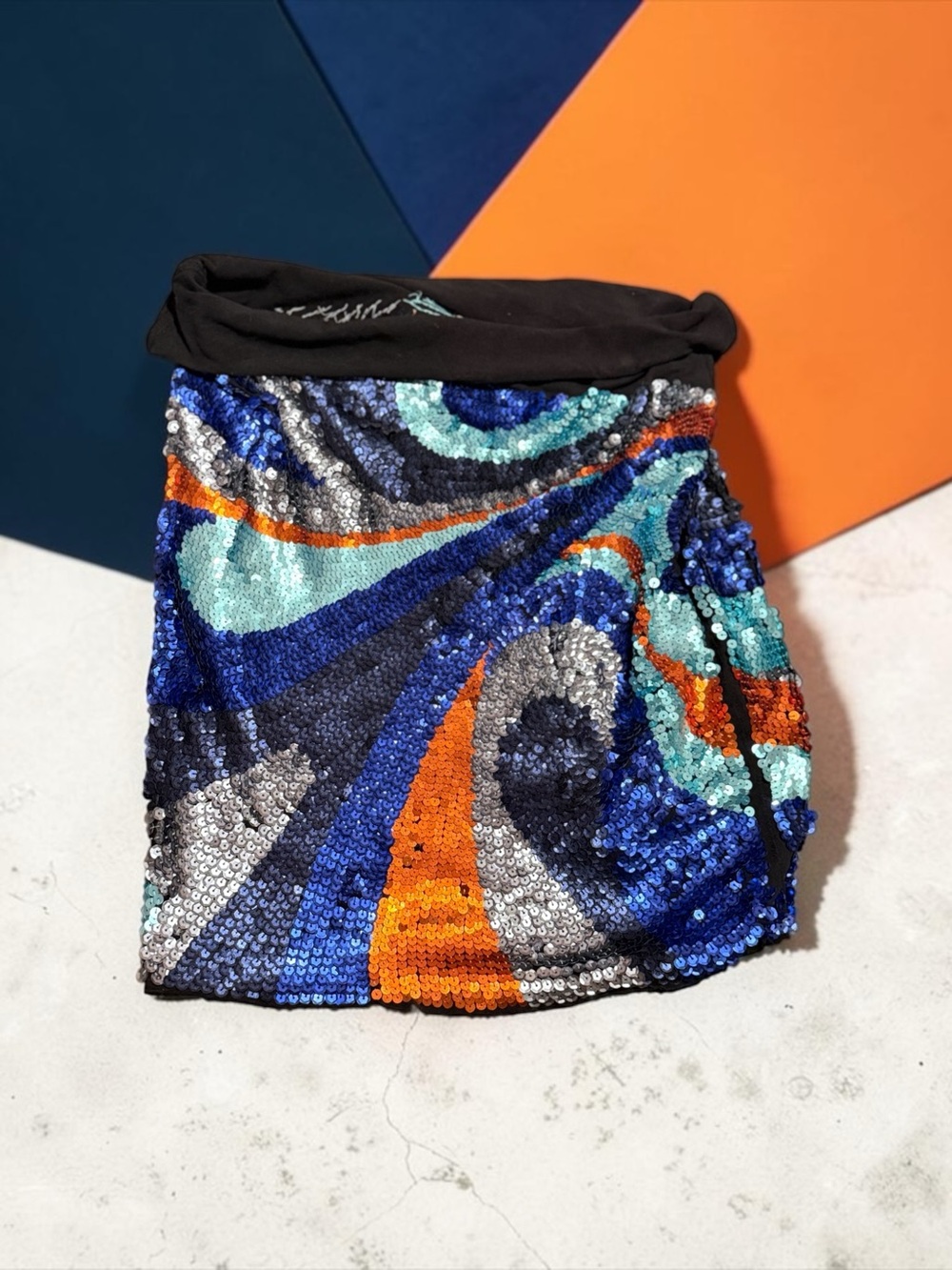 Elizabeth and James Sequin Midi Skirt in Blue, Orange & Silver